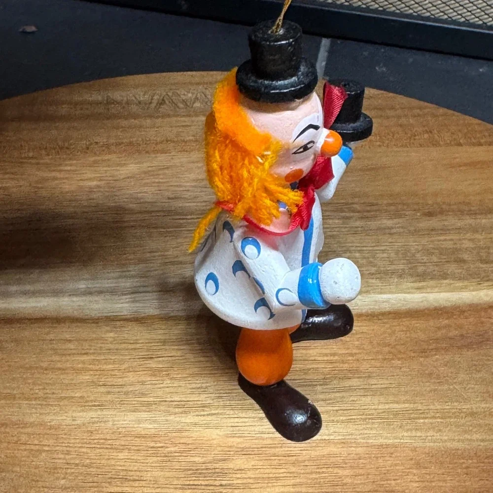 Vintage Hand Painted Wooden Clown Ornament Orange Hair Top Hat Circus Figurine